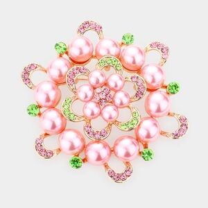 Green Pink Pearl Brooch Flower Crystal Pin 3 Inch Round Rhinestones Accessory
